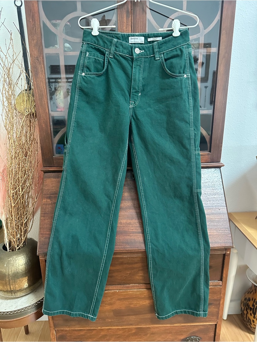 Bershka Straight-Leg Utility Green Denim Pants